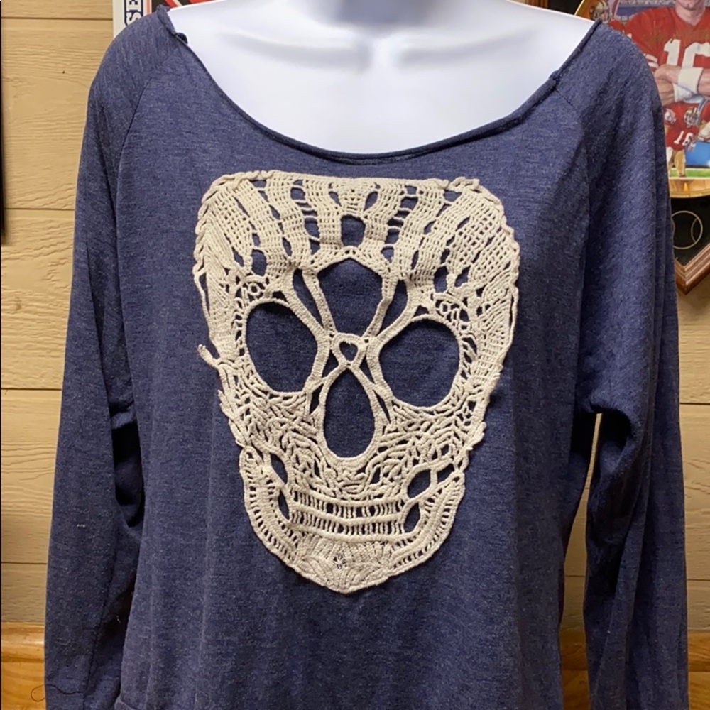 Woman’s Blue and white Skeleton Head Shirt